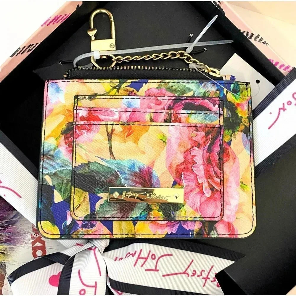 Betsey Johnson Black Hat & Floral Wallet ID Card Case Bag Key Charm Gift Set - Picture 4 of 5